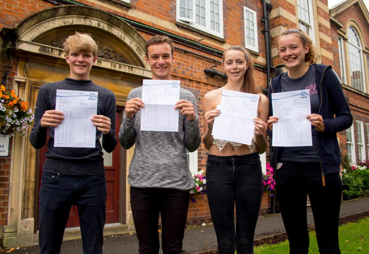 PRINCE HENRY'S: Adam Haycock,Daniel Smith, Alice Becket and Molly Tranter celebrate their results. Picture by Prince Henry's High School.