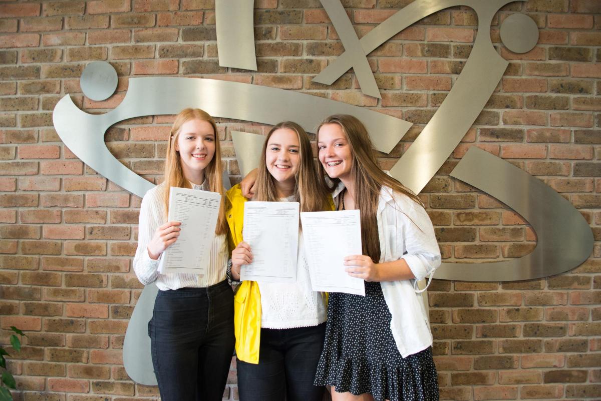 TUDOR GRANGE: Georgia Cox, Katie Palmer and Bryony Danks collect their GCSE results on Thursday morning. Picture by Tudor Grange Academy Worcester.