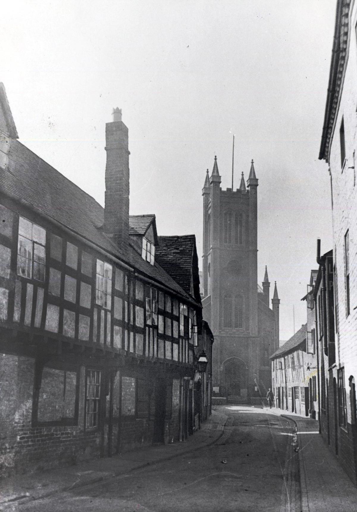 Vanished Worcester. Vintage view of St Peter’s Street, Worcester, showing some of its fine centuries-old half-timbered buildings