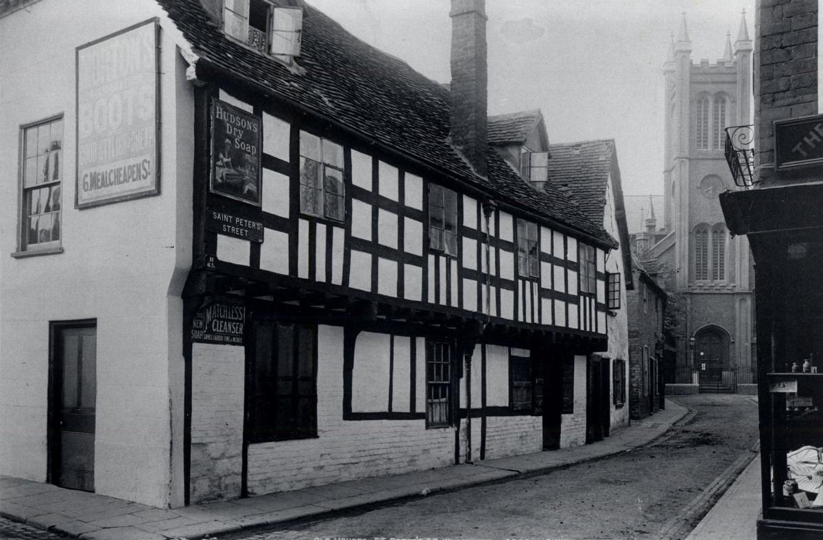 Vanished Worcester. Vintage view of St Peter’s Street, Worcester, showing some of its fine centuries-old half-timbered buildings
