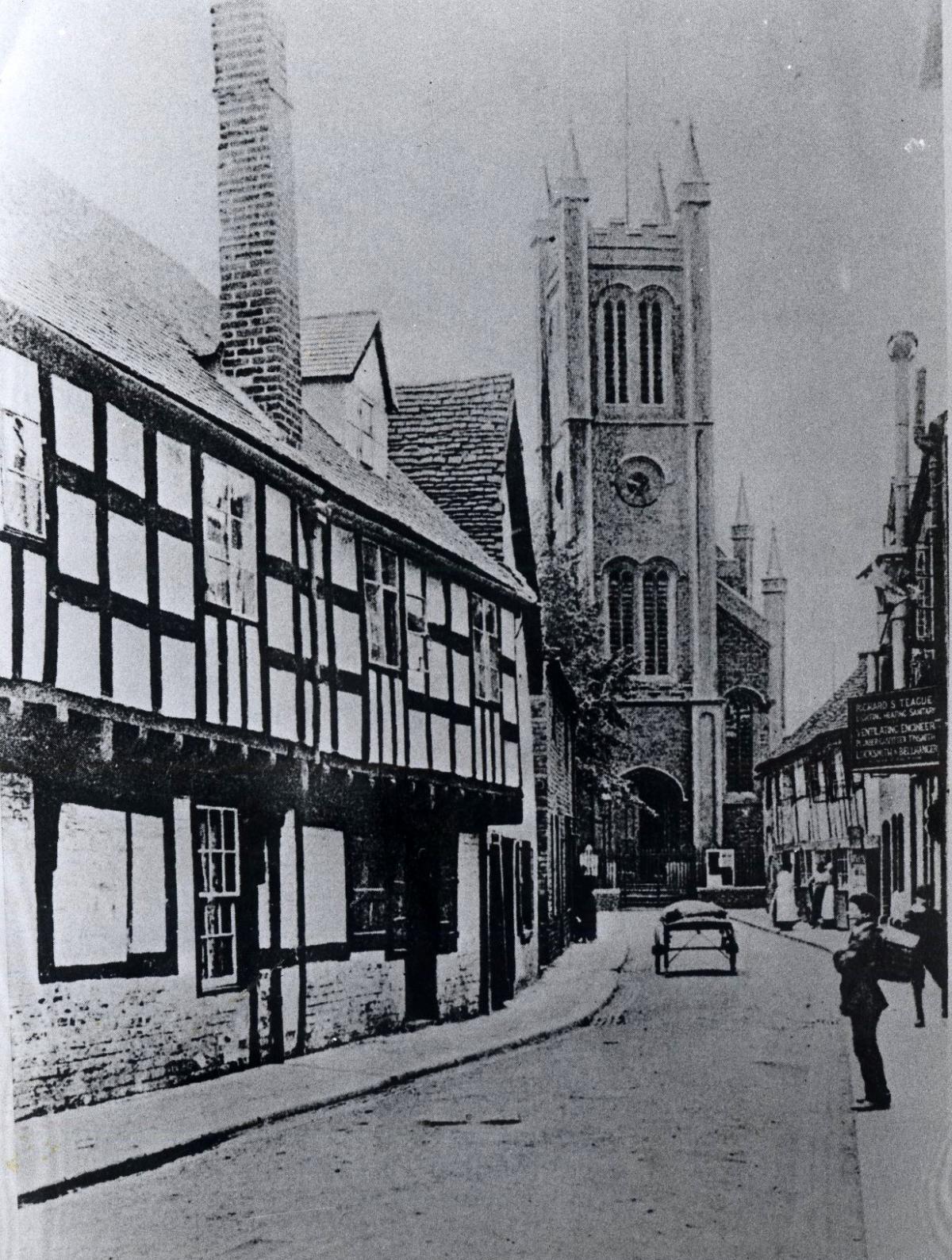 Vanished Worcester. A Victorian view of St Peter’s Street, Worcester, with the St Peter’s Church as its centrepiece