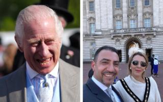 Cllr Ammar and her husband Mohammad Labban at Buckingham Palace and King Charles at the garden party
