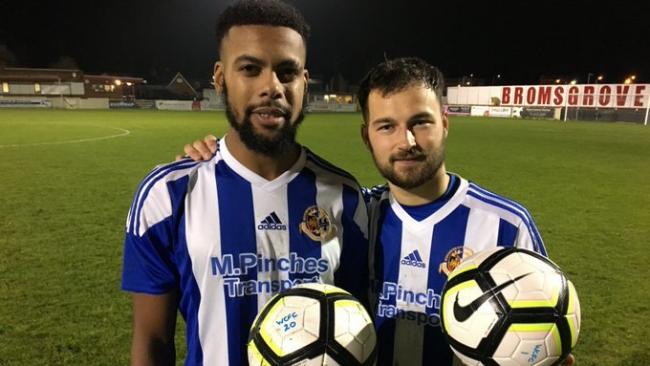 HAT-TRICK HEROES: Demetri Brown (left) with Sean Brain after both scored three in City's 9-0 win over Racing Club Warwick. Pic: WCFCTV
