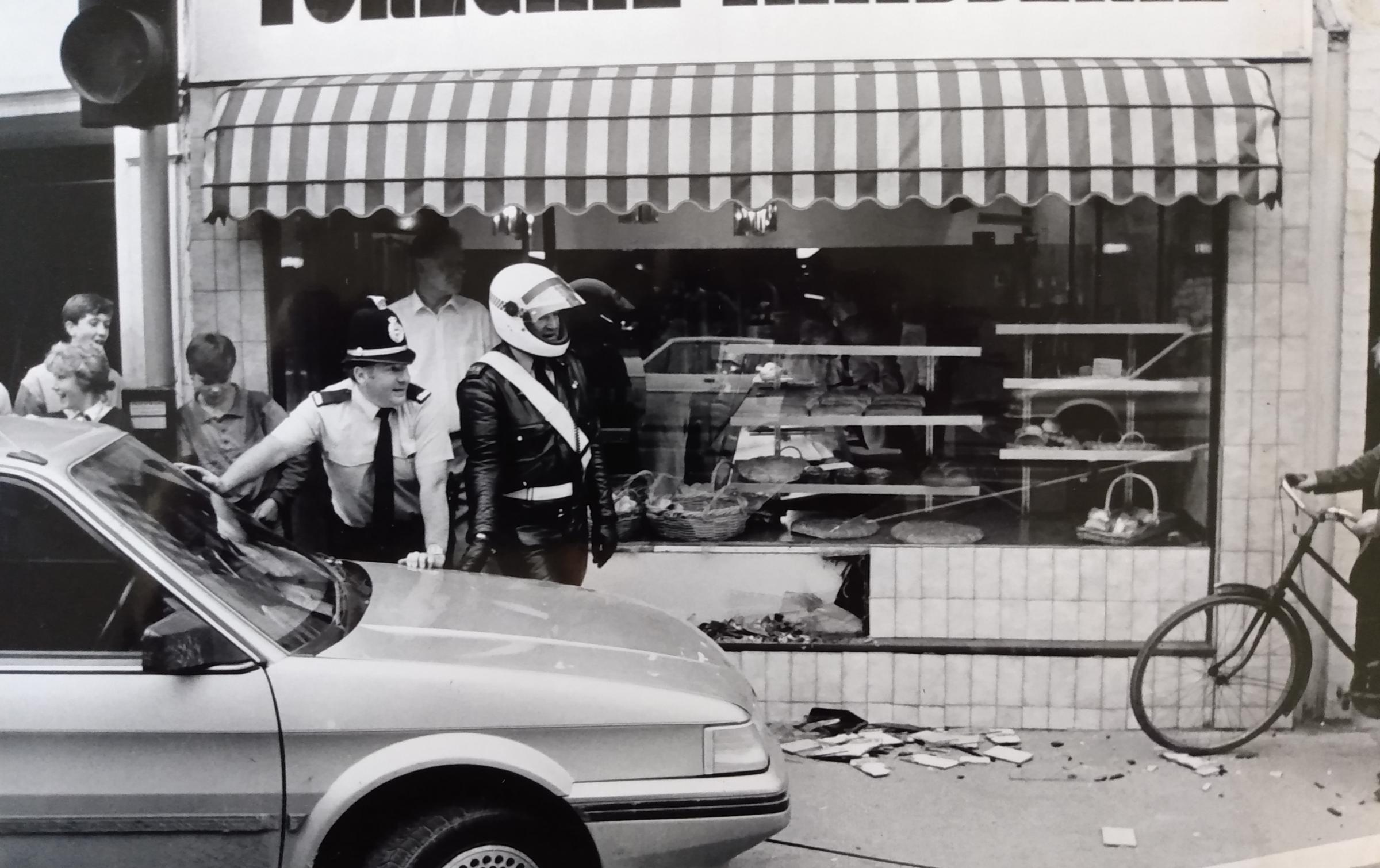 July 1987 and shoppers were forced to leap for their lives as an out-of-control Austin Montego crashed into the shop front of the Foregate Patisserie in St John’s. Four men were taken from the car and later helping police with their enquiries