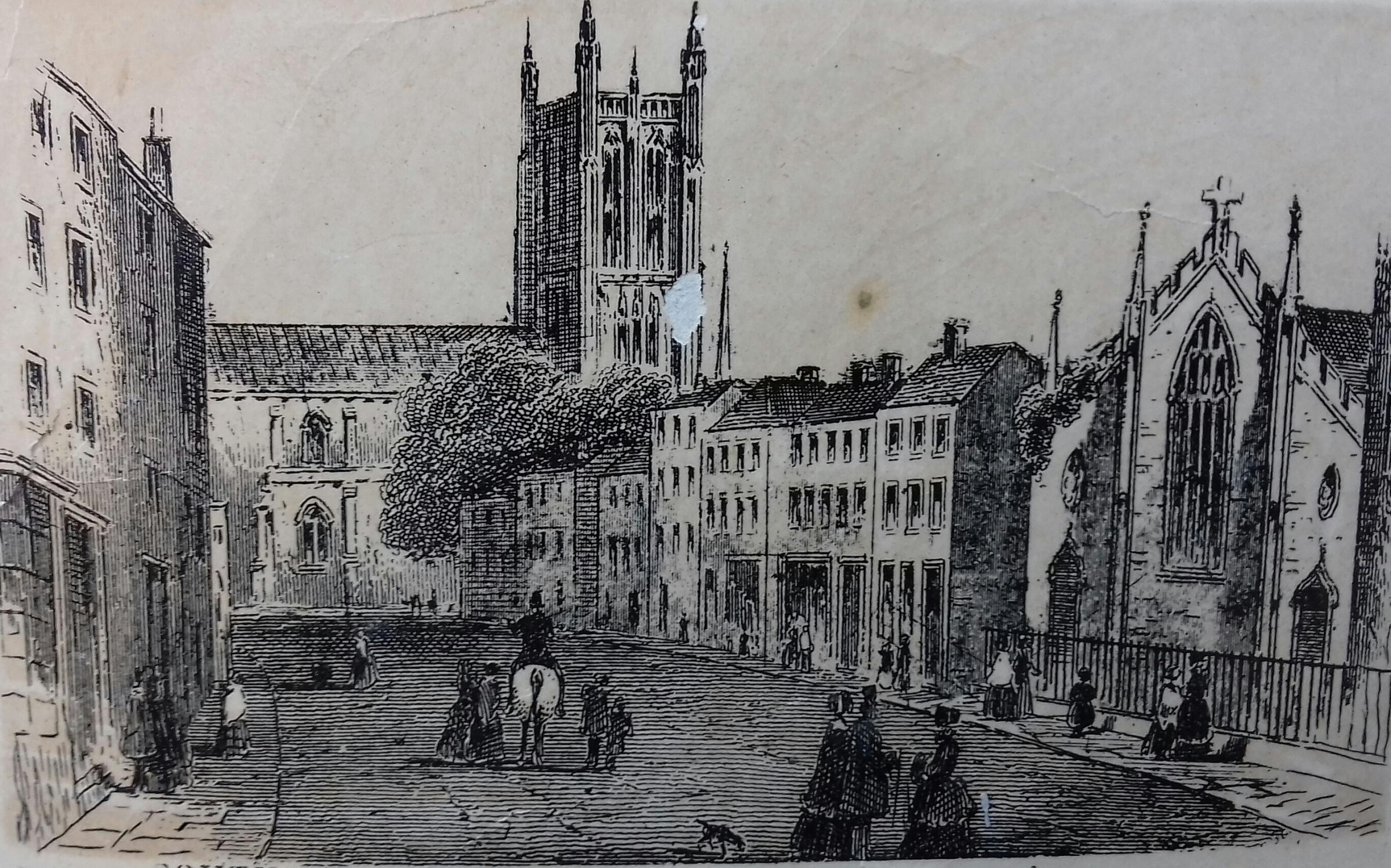 An early litho print of the Cathedral end of High Street showing St Helen’s church. The Cocks family, a descendent of which built Eastnor Castle, lived in one of the houses opposite