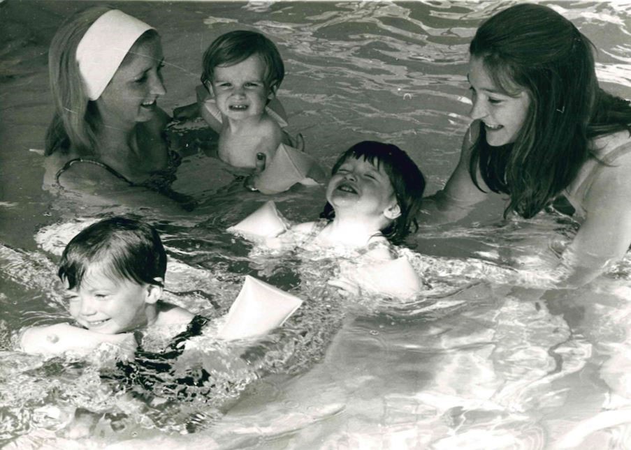 Splashing around at Sansome Walk swimming baths in 1972 were (from left) Susie Sutcliffe and her son Duncan, then aged 20 months, little Brigette Needham, aged 19 months, with her mum Annie, and Louise Cowley, aged 20 months