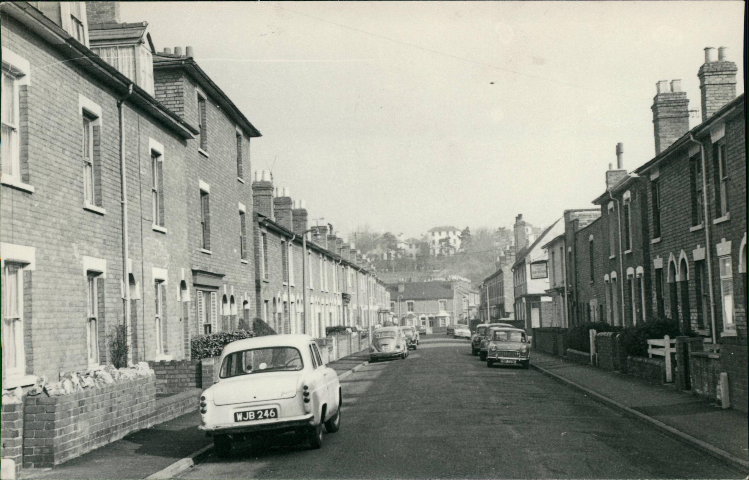 A view along Northfield Street in 1979. The large white Georgian buildings of Lansdowne Crescent can be seen in the distance
