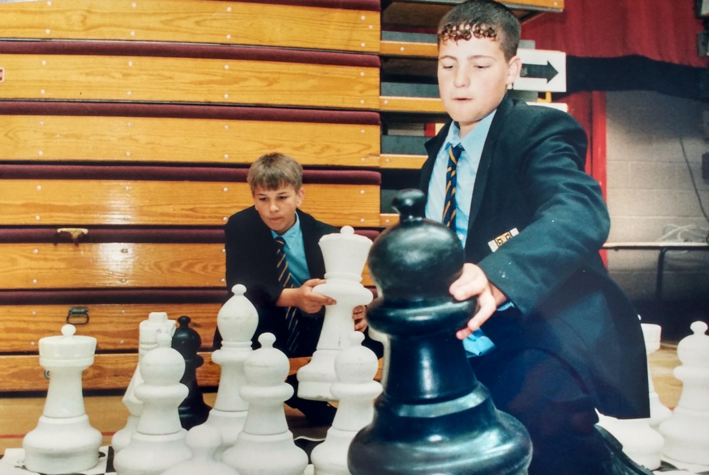 June 1997 and Bishop pupils Andrew Booth and Matt Harris make their move with a giant chess set in an Action For Youth event held at Perdiswell Leisure Centre