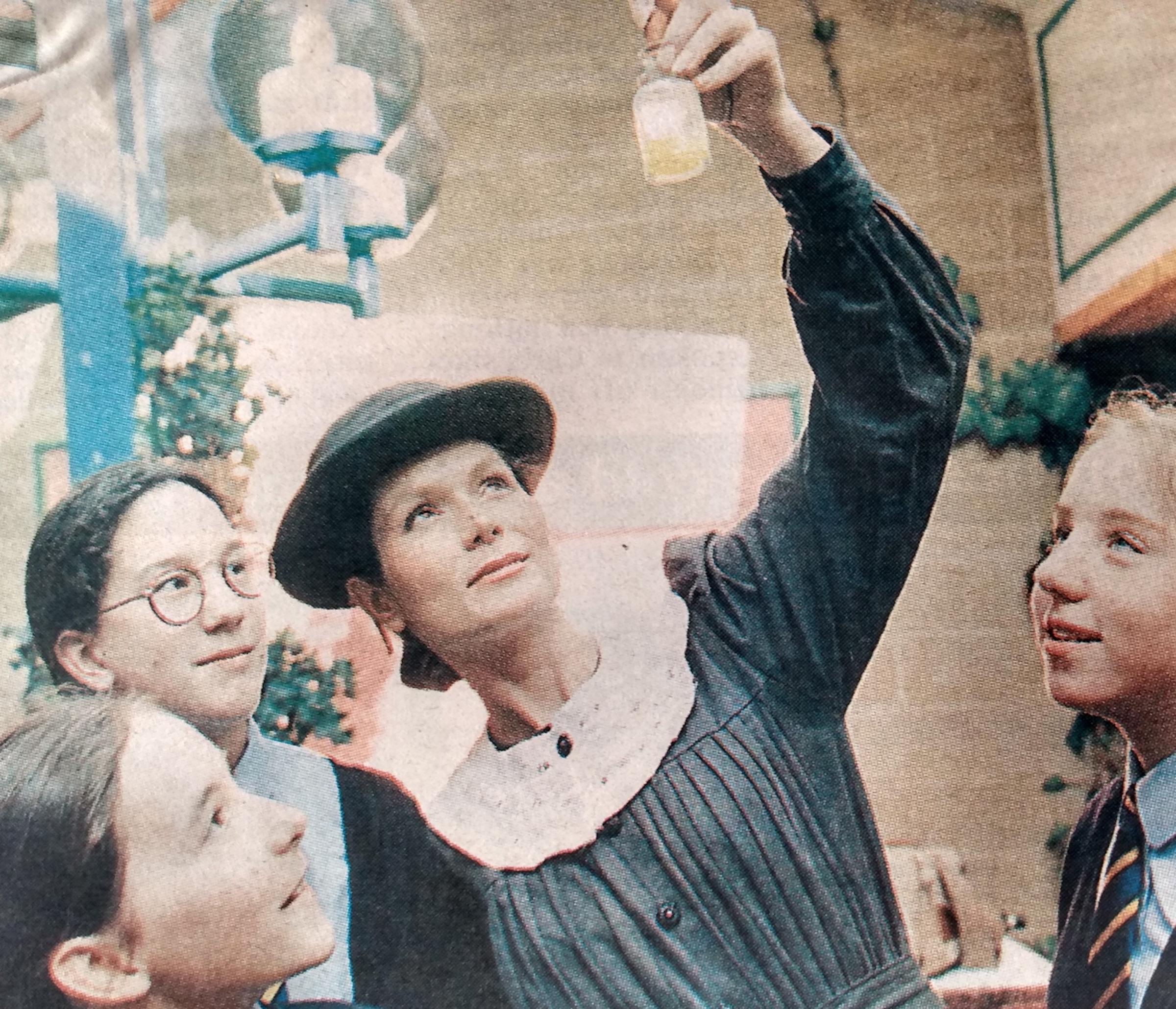 A science lesson straight from the history books in March 1995, as Marie Curie (Jacqueline Quella) visited the school to mark National Science Week. With her are Rebecca Knight, Jessica Derricourt and Joanna Clerici