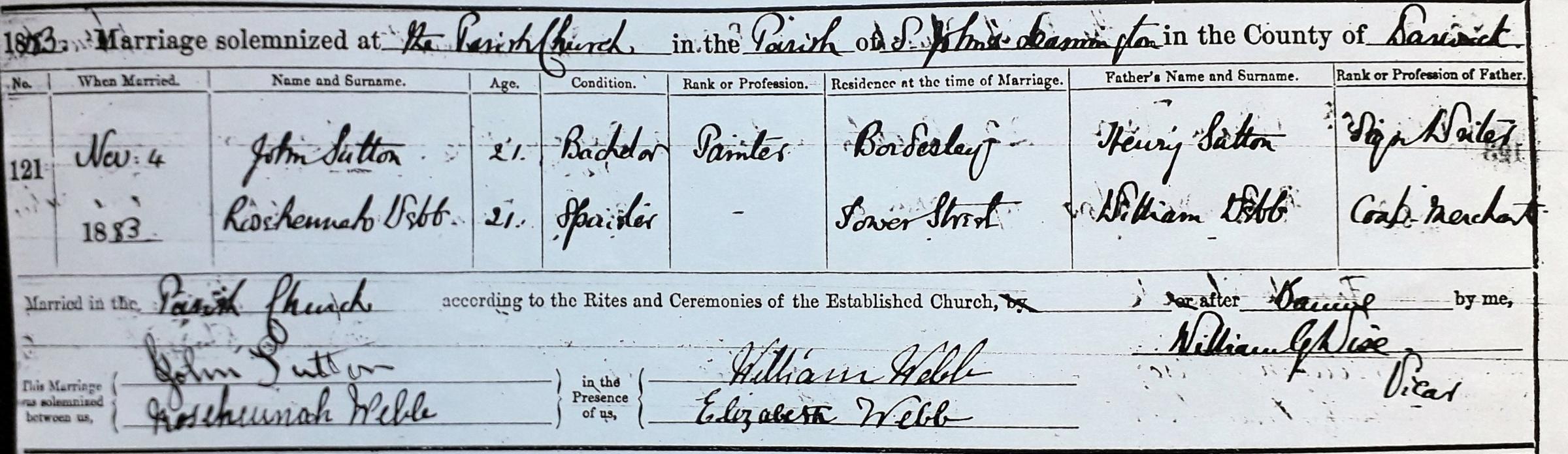 The marriage certificate for Chris Sutton’s great-great-grandfather John Sutton and Rose Hannah Webb