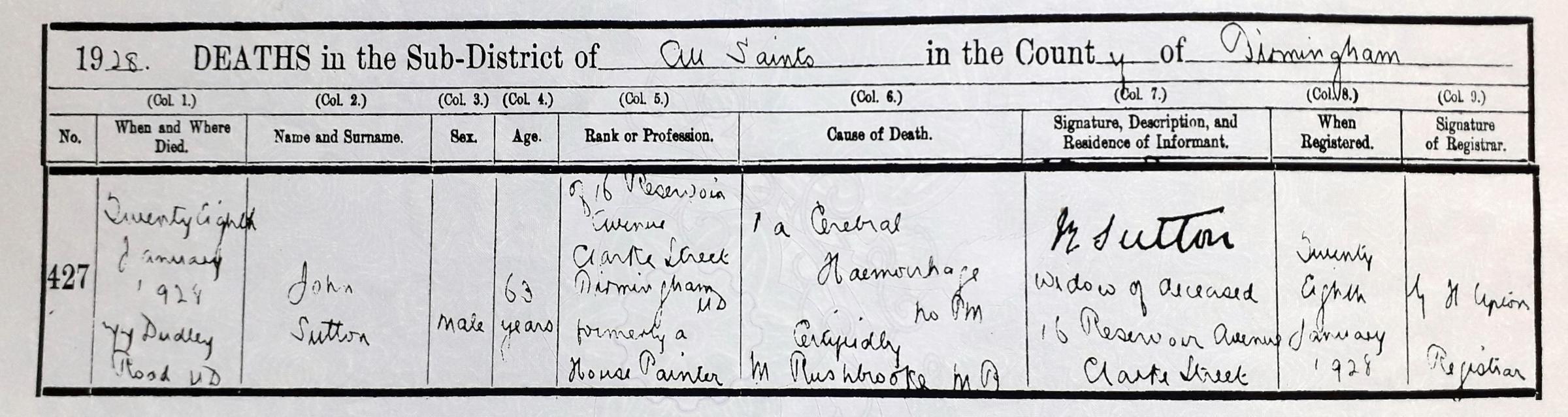 Death certificate for John Sutton. John was a house painter by trade in Ladywood, Birmingham.