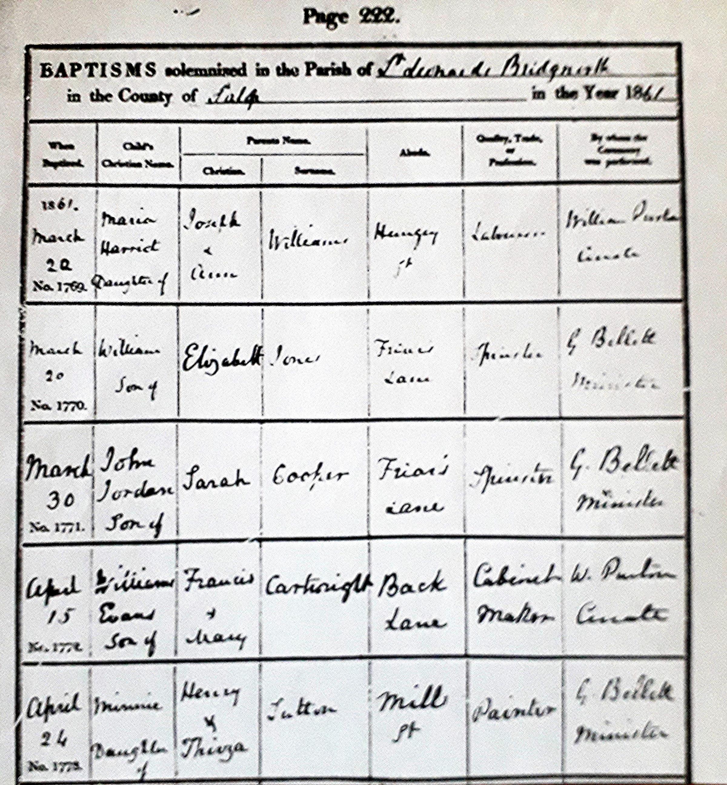 Baptism entries in 1861 for St. Leonards in Bridgnorth. At the bottom is Chris Suttons ancestor Minnie, daughter of Henry and Thirza Sutton