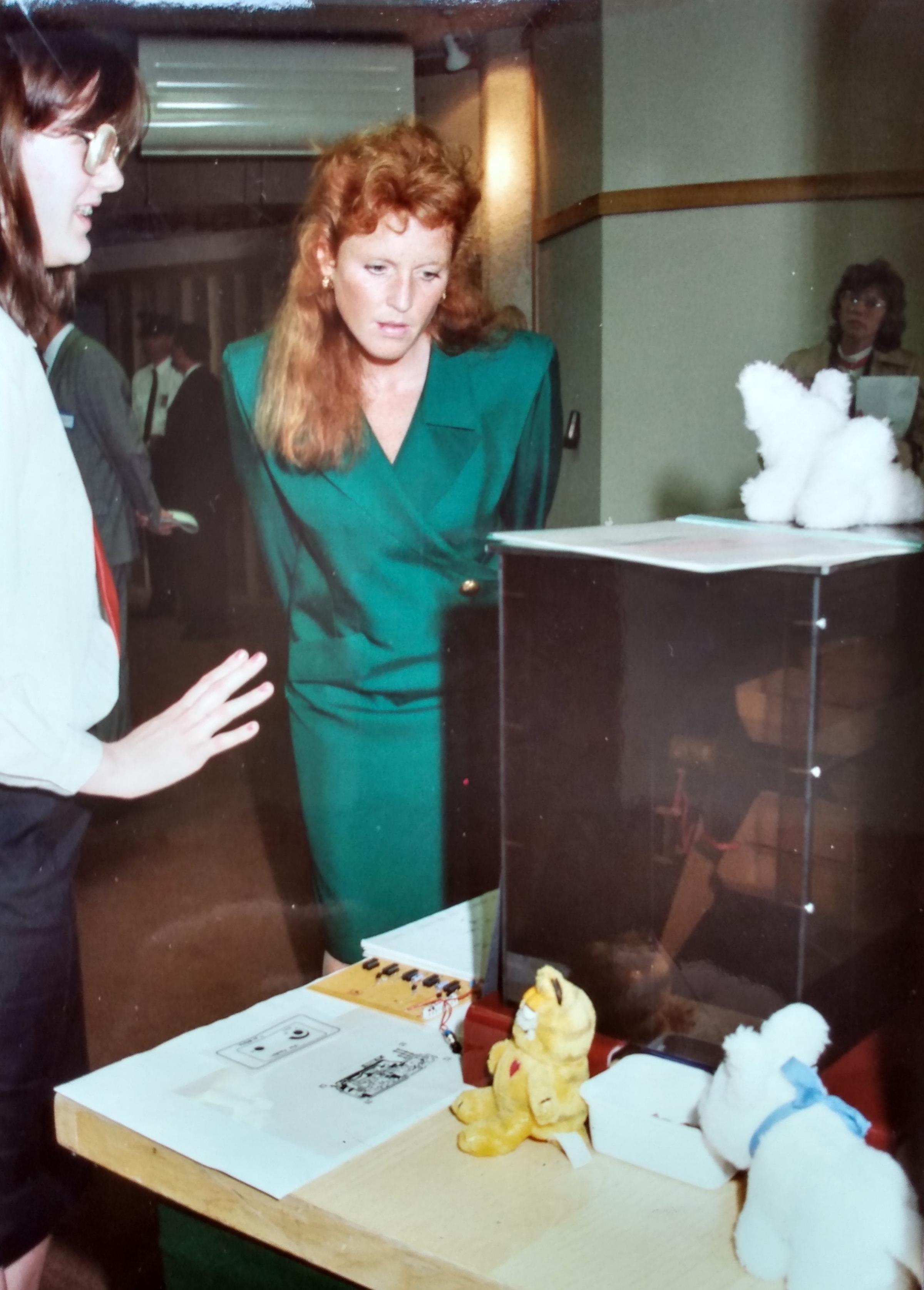 The Duchess of York paid a visit to the school in July 1989. Student Joanne White is explaining one of the science models on display