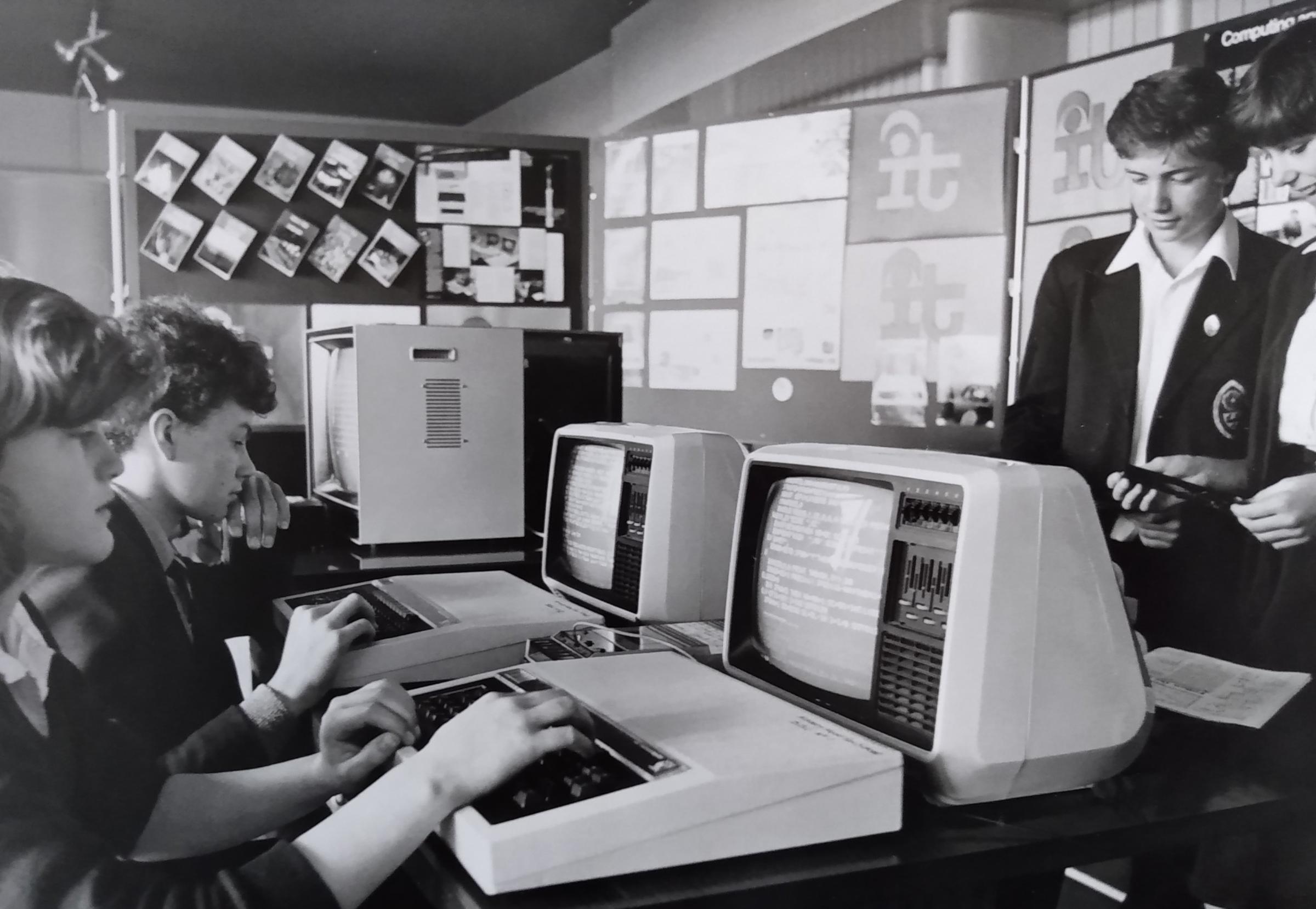 Back to June 1982 and pupils got to grip with the schools new computers. From left, Sarah Tompson, Nicholas Hewston, Richard Cook and Penny Lane