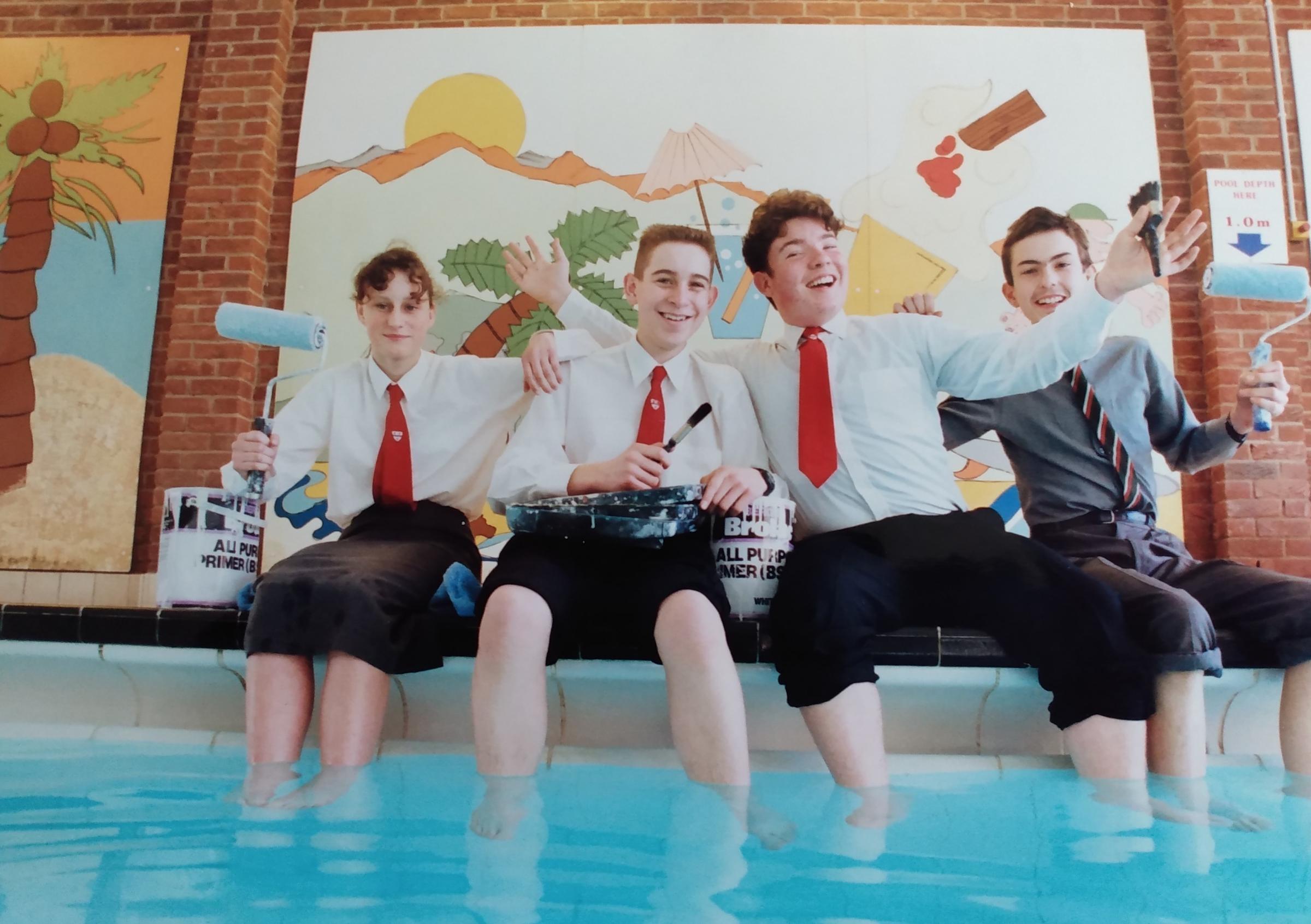 February 1993 and four Nunnery Wood pupils brightened up the walls at Worcester Swimming Pool in Sansome Walk. From left, Nicola Sprague, Adam Kenney, Barry Harker and Richard Hencher
