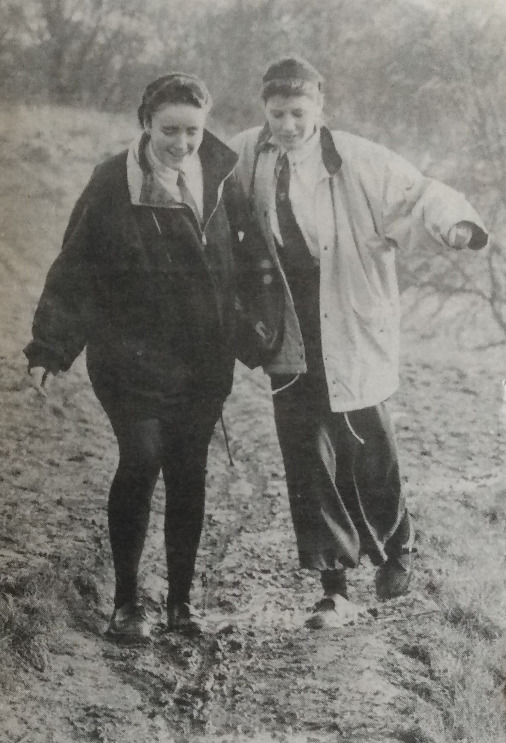 Its February 1992 and fed-up pupils were wanting something done about the state of the footpath from Trent Wood. Lia Tasker and Tracy Bendall are ploughing through the mud