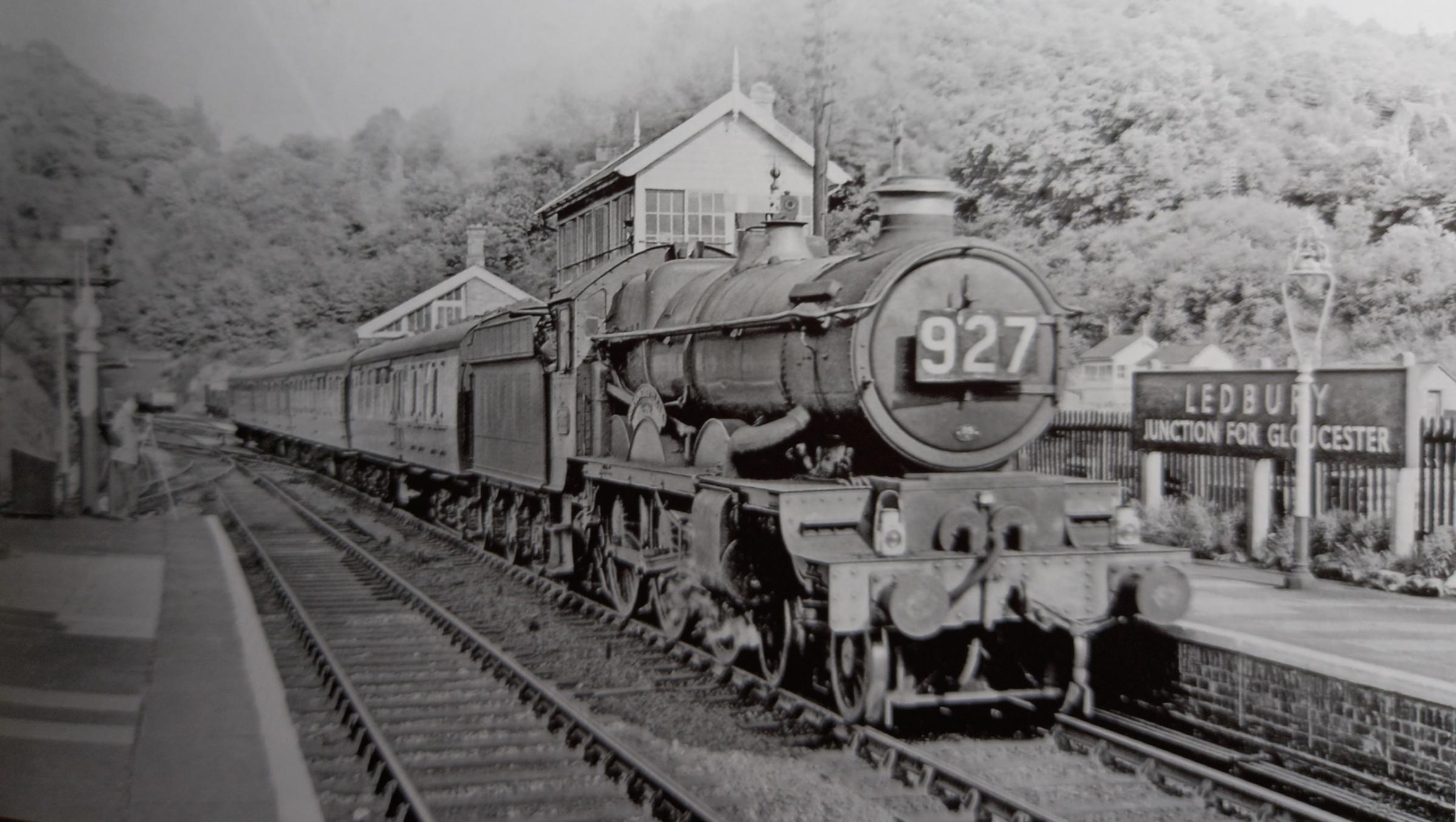 A Hereford-bound service stops at Ledbury station in July, 1959