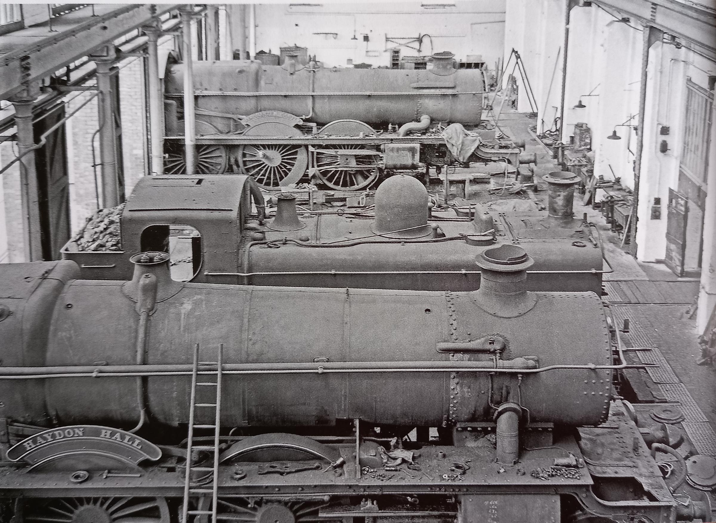 Three engines inside Worcester Works in July 1964