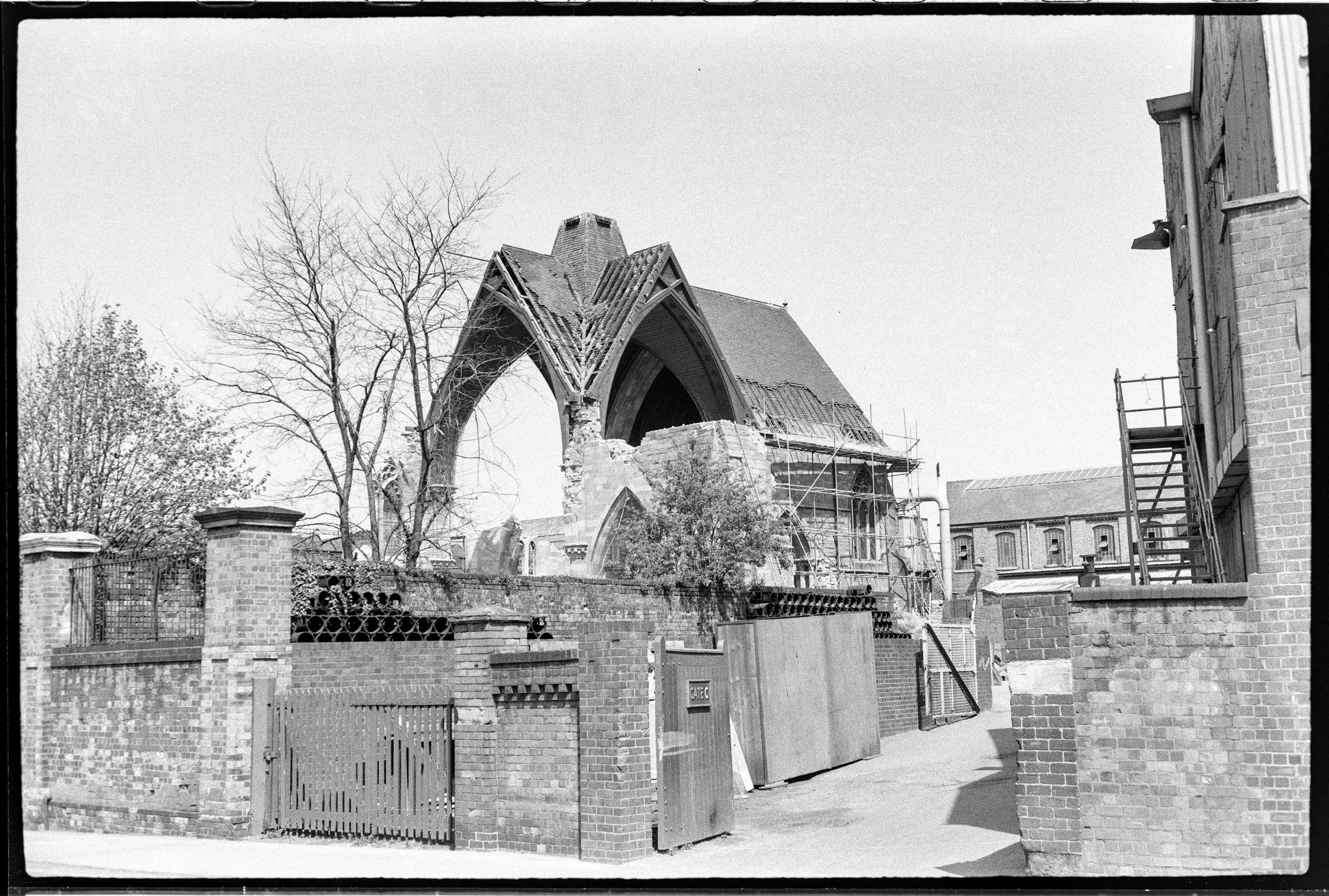 Holy Trinity Church, Shrub Hill Road in the later stages of demolition in 1965