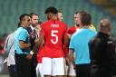 STOPPAGE: Match referee Ivan Bebek speaks to England manager Gareth Southgate and Tyrone Mings. PA