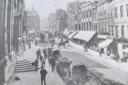 Worcester Cross in the late 1800s where Quaker William Spriggs had a well known drapery business in the distinctive property at the corner of The Cross and Broad Street, today a jewellers.