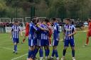 Worcester City players celebrate Connor Gater’s opener
