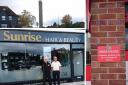 SIGNS: John Banner, left, with the owner of Sunrise Paul Smith and the signs taken down