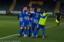 Worcester City celebrate at full-time. Pic: Chris Till