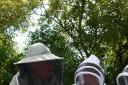 Bee keepers keeping safe with the donated protective suits at the apiary in Stone