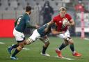 British and Irish Lions' Duhan van der Merwe (right) in action during the Castle Lager Lions Series, Third Test match at the Cape Town Stadium, Cape Town, South Africa. Picture date: Saturday August 8, 2021..