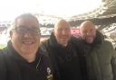 Talk Sport's Ian Abrahams poses with Russ Penn and Jimmy O'Connor ahead of kick-off at the London Stadium on Sunday as West Ham were  beaten 3-2 by Leeds United. Pic: Ian Abrahams