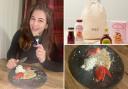 (left clockwise) Rebecca eating pancakes, M&S pancake mix, Lemon pancakes with strawberries and cream. Credit: Rebecca Carey nd M&s