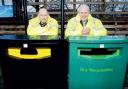 KEEP IT CLEAN: Malcolm Cox, operations manager at Worcester City Council, and, right, Roger Knight, deputy leader and portfolio holder for a cleaner and greener city, with the recycling bins in Hylton Road, Worcester. Picture: Paul Jackson. 50387102