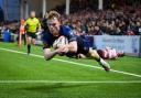 Star: Gareth Simpson of Worcester Warriors scores a try during his man-of-the-match performance at Kingsholm