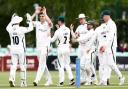 Ben Gibbon celebrating his first wicket for Worcestershire. Pic: WCCC