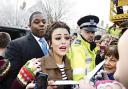 Mobbed: Cher Lloyd outisde her old primary school in Malvern this morning. Picture: Newsteam