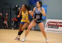 Severn Stars’ goal shooter Sigi Burger (right) competes for the ball with Team Bath defender Summer Artman