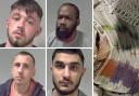 JAILED: (Clockwise from top left): Oliver Brighton, Aaron Brooks, Himesh Suri and Steven Edwards, Right photo shows cash seized by South Worcestershire detectives