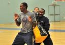 ROUTINE: Worcester Wolves’ captain Alex Owumi goes through his paces during a training session.