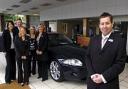 Richard Teakle, right, sales manager at Hatfield Jaguar with Vicky Bache, Adt Shore, Christina Parton, Vicky Belshaw and Sue Russell. Three Jaguar will be models at the show. Picture by Emma Attwood. 20035401
