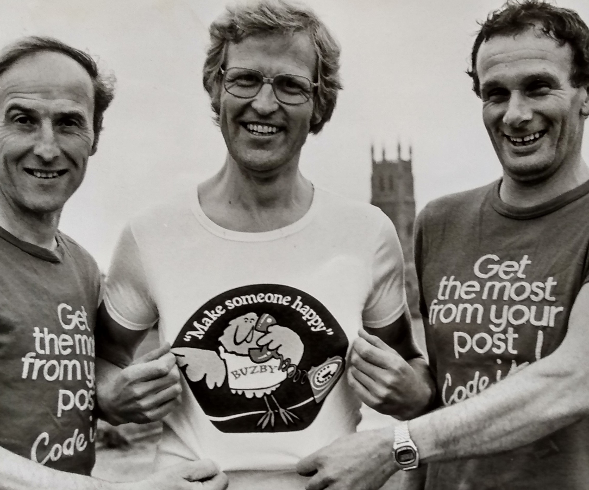 From left, Wilf Bates, Roger Cox and Mike Butler, complete with snazzy T-shirts, were ready to compete in the Post Office marathon in October 1980