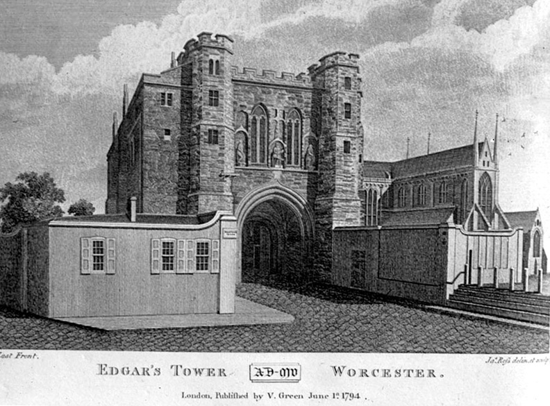 A print of Edgar Tower in 1794, when a lane to the left was the main entrance to the old County Prison (Image courtesy CFOW)