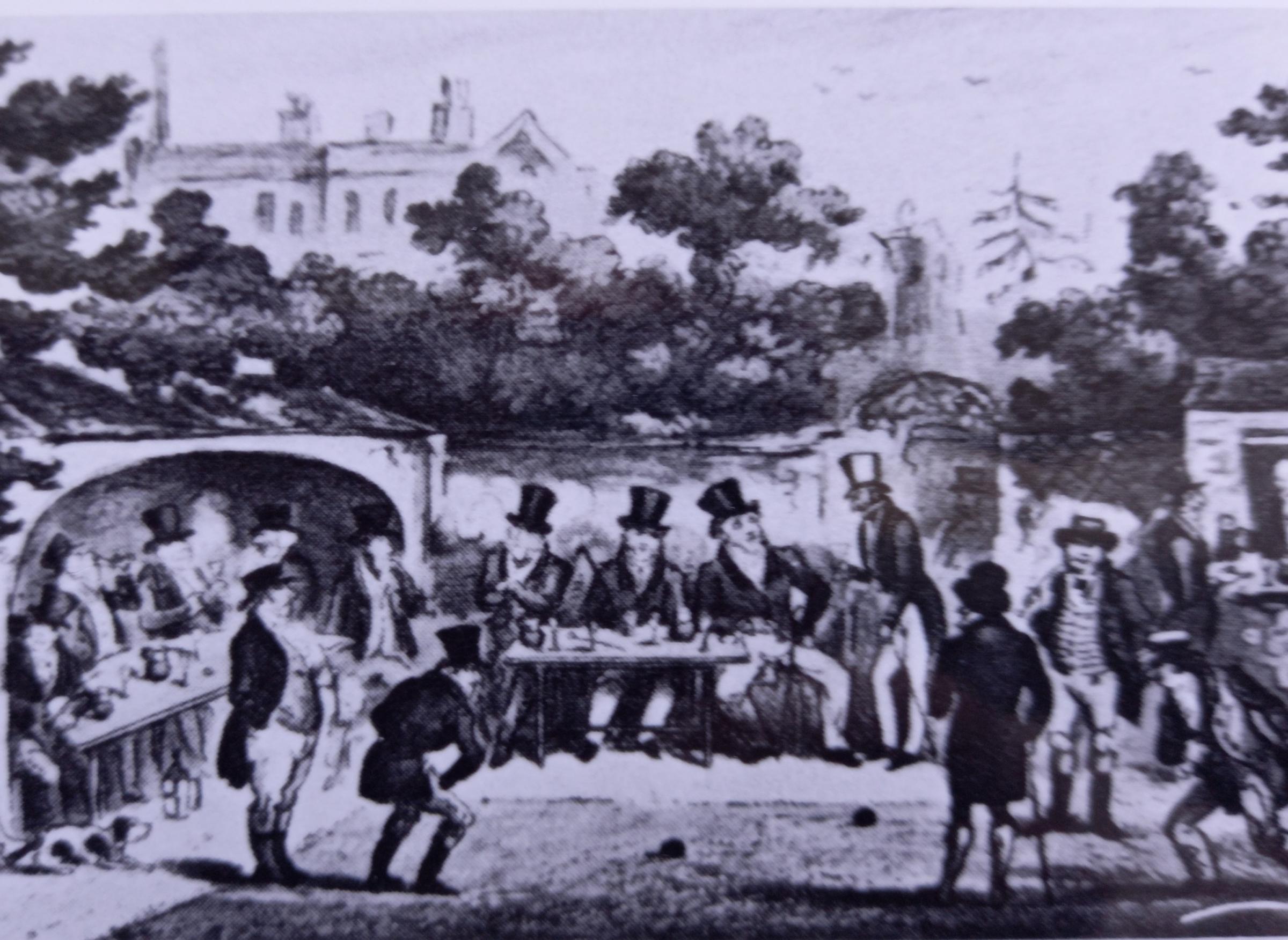 The bowling Green at Diglis Pleasure Gardens from an engraving dated 1830