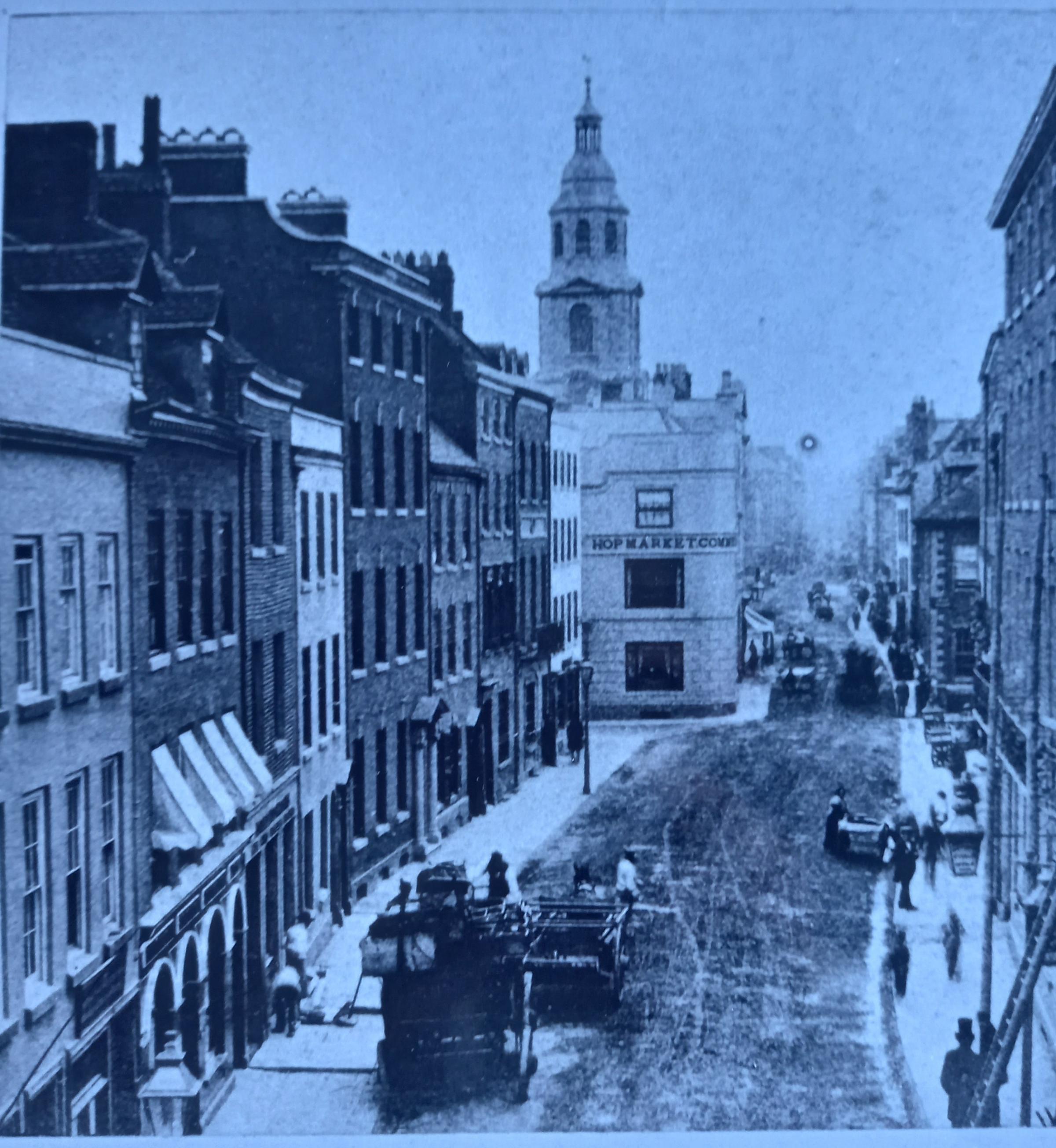 A Victorian view of Foregate Street taken from the railway bridge. See the height of the gentleman’s top hat, bottom right