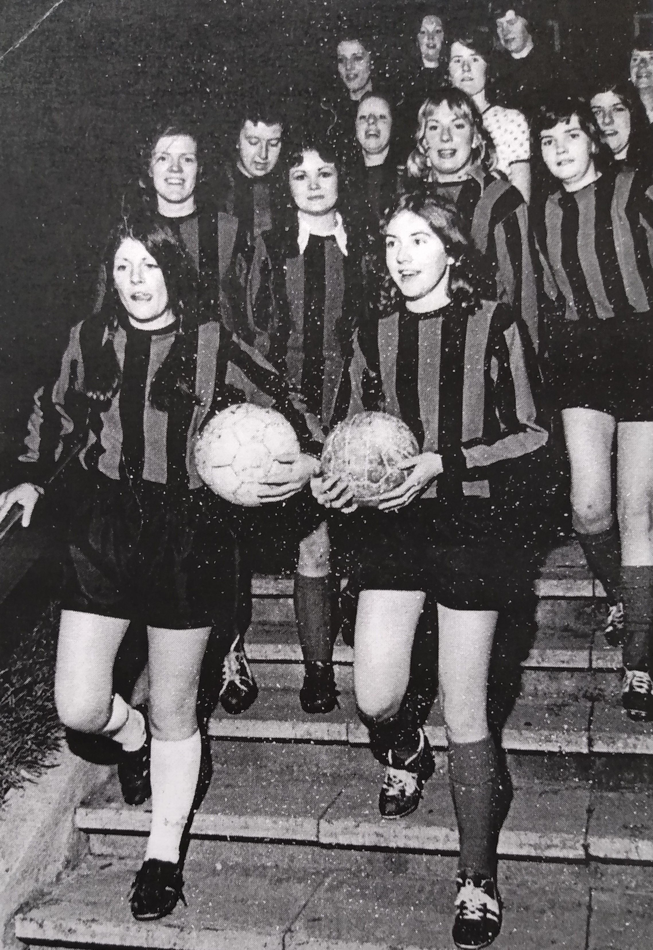 Members of the newly established Hereford and Worcester County Council Ladies Team on their way out on to the pitch at Claines Lane in 1976, when they came up against Kays Ladies. The picture was supplied by Christine McGovern (front right), who said the