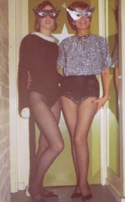 Doreen (right) preparing to go on stage as part of a chorus line