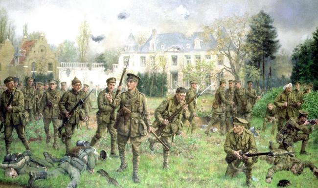 The meeting of the 2nd Worcestershires with the 1st South Wales Borderers in the grounds of Gheluvelt Chateau. From the painting by JP Beadle