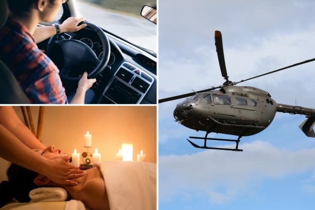 (top left) a person driving, (bottom left) a spa treatment, (right) helicopter. Credit: Canva