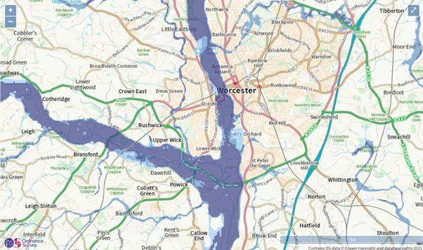 Worcester News: An interactive map on the GOV.UK website shows large parts of Worcester are at high-risk of long term flooding.