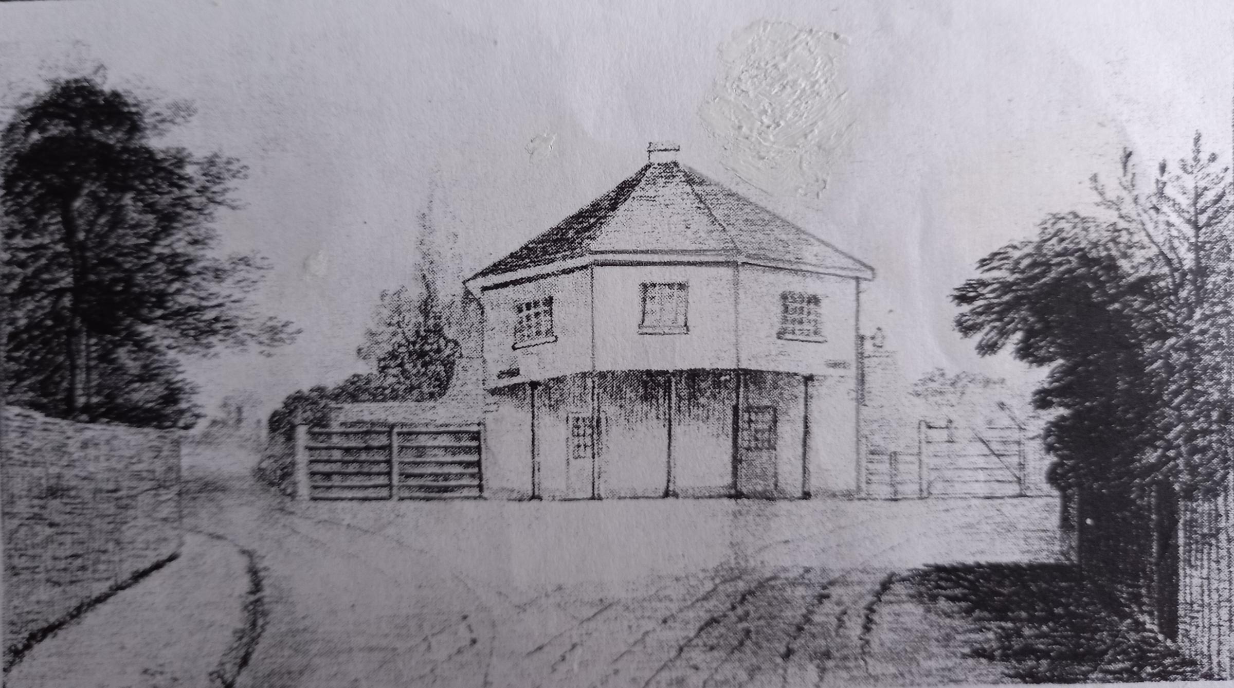 A 19th-century pencil drawing of Barbourne Toll House at the junction of Ombersley and Droitwich roads